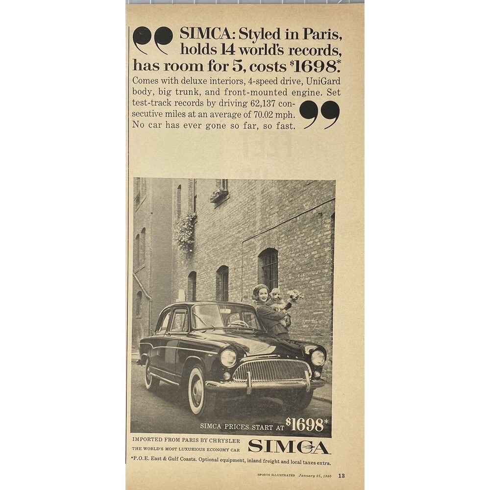 Chrysler Simca "Styled in Paris Room for 5 hold 14 Records" Vintage Print Ad '60